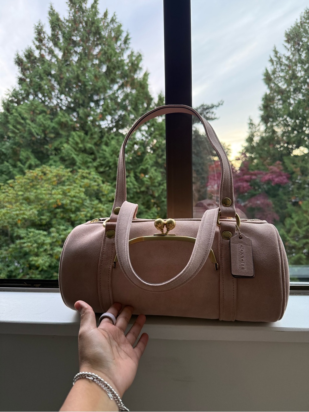 Coach Blush Pink Suede KISSLOCK Barrel Bag with Gold-Tone Details